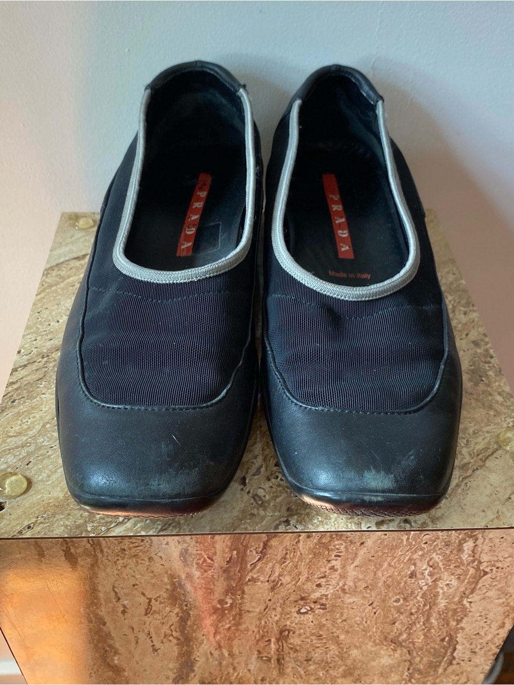 Prada Black and Gray Slip-On Loafers